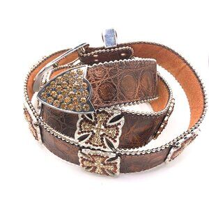 Brown Western Belt with Rhinestone Celtic Crosses & Side Studs